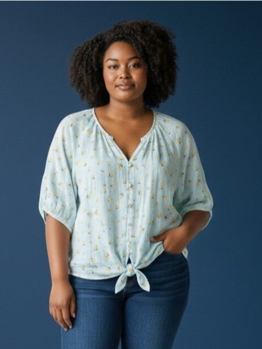 Hope & Harlow Woman Blue Lemon Print Tie Front Top Size 1X Short Sleeve Button